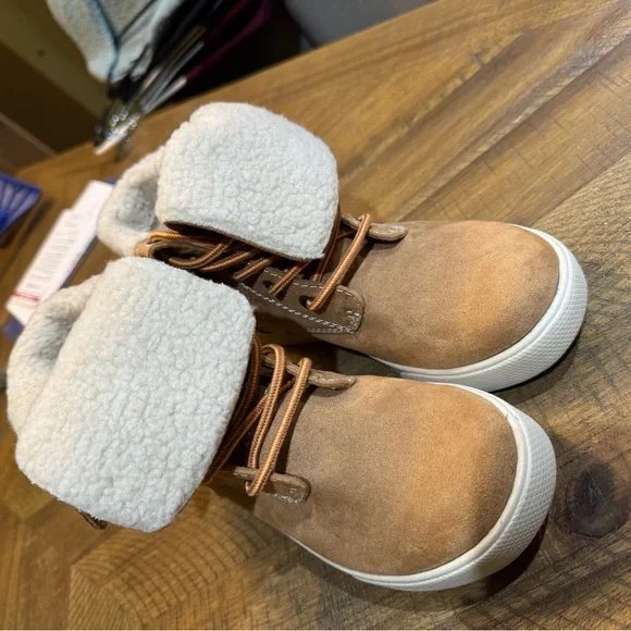 Tan Women's Sneaker Boots with White Sherpa Lining And Fold Over Ankle - Picture 2 of 8